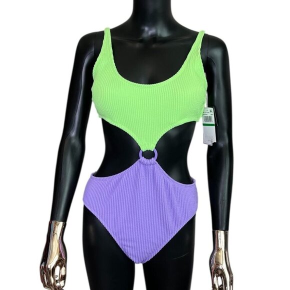 🆕 Salt + Cove Green & Purple Ribbed Cutout One-Piece Swimsuit Size Large - NWT - Picture 2 of 10